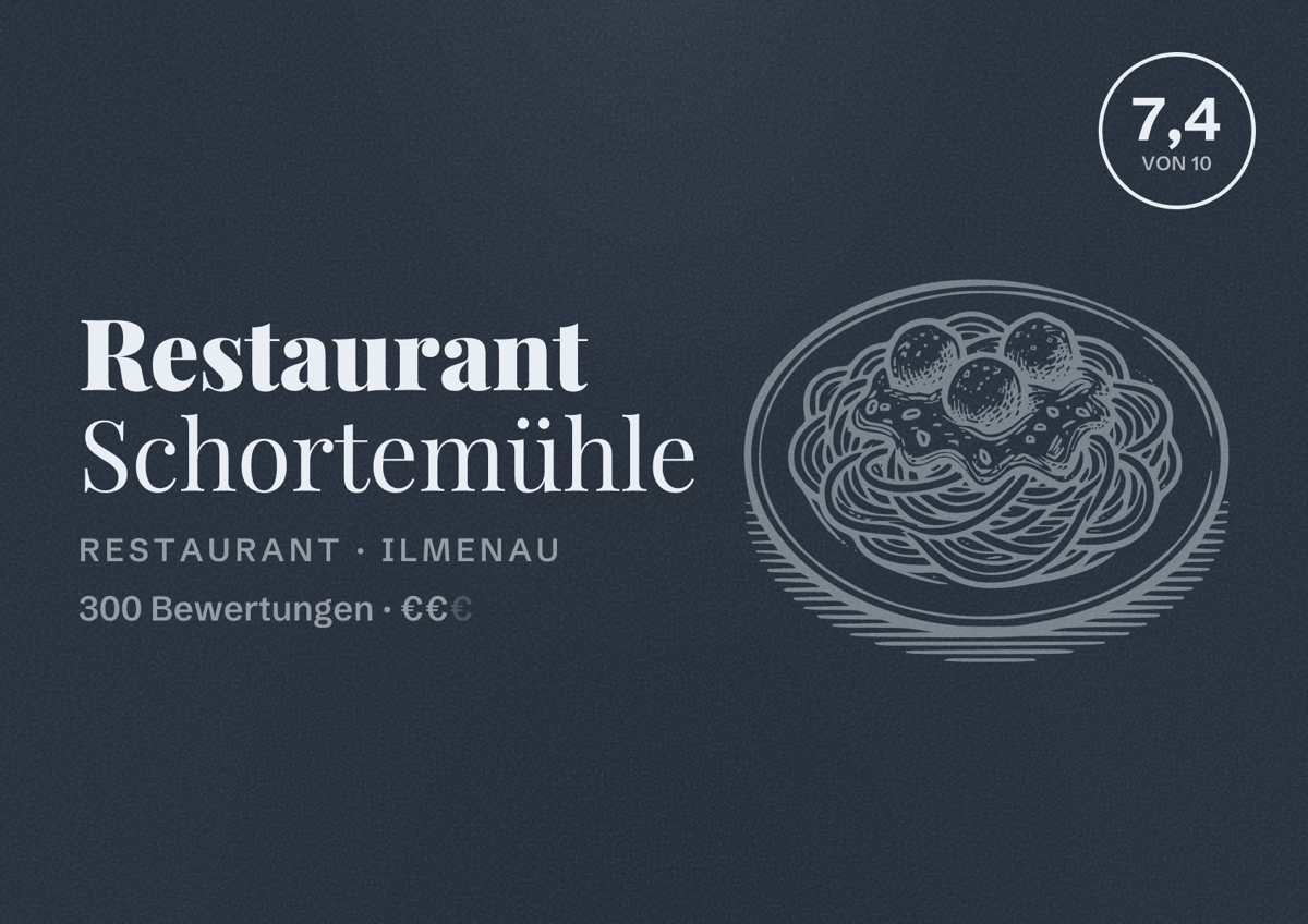 Illustriertes Poster von Restaurant Schortemühle, Restaurant in Ilmenau: Bewertung 7,4 von 10 aus 300 Bewertungen, Preisniveau €€