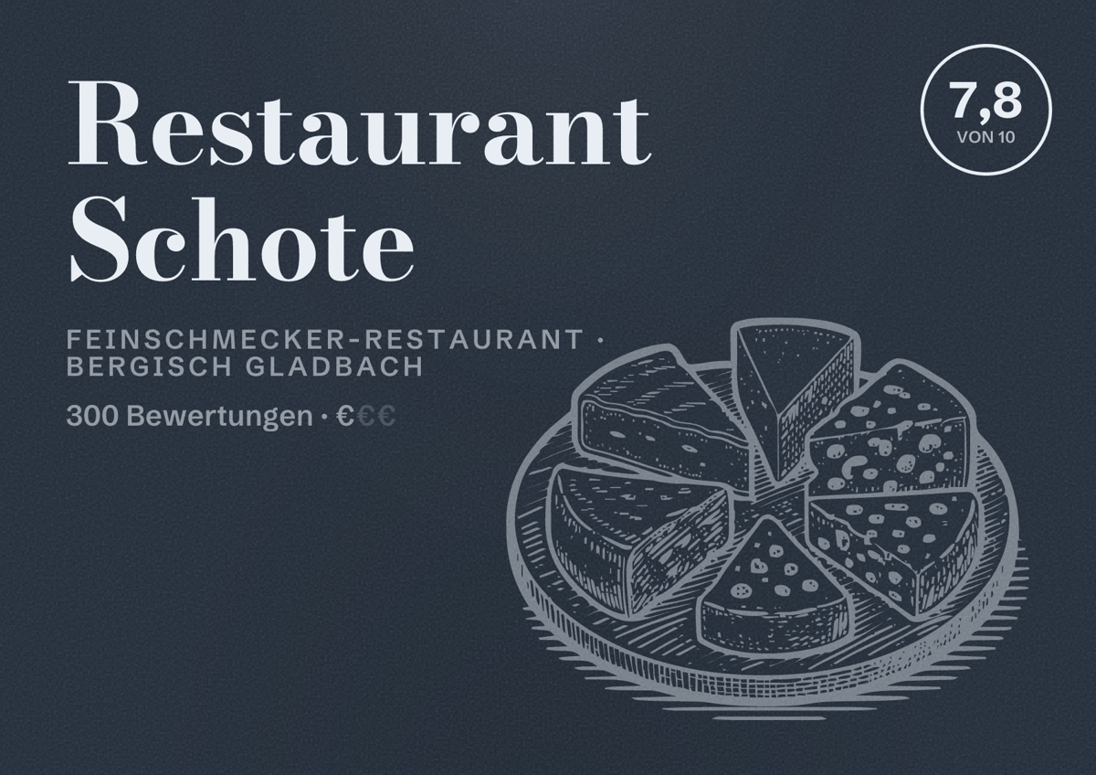 Illustriertes Poster von Restaurant Schote, Feinschmecker-Restaurant in Bergisch Gladbach: Bewertung 7,8 von 10 aus 300 Bewertungen, Preisniveau €