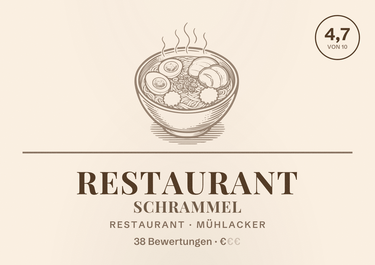 Illustriertes Poster von Restaurant Schrammel, Restaurant in Mühlacker: Bewertung 4,7 von 10 aus 38 Bewertungen, Preisniveau €