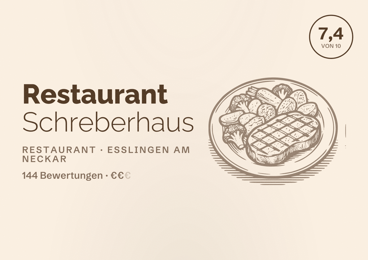 Illustriertes Poster von Restaurant Schreberhaus, Restaurant in Esslingen am Neckar: Bewertung 7,4 von 10 aus 144 Bewertungen, Preisniveau €€