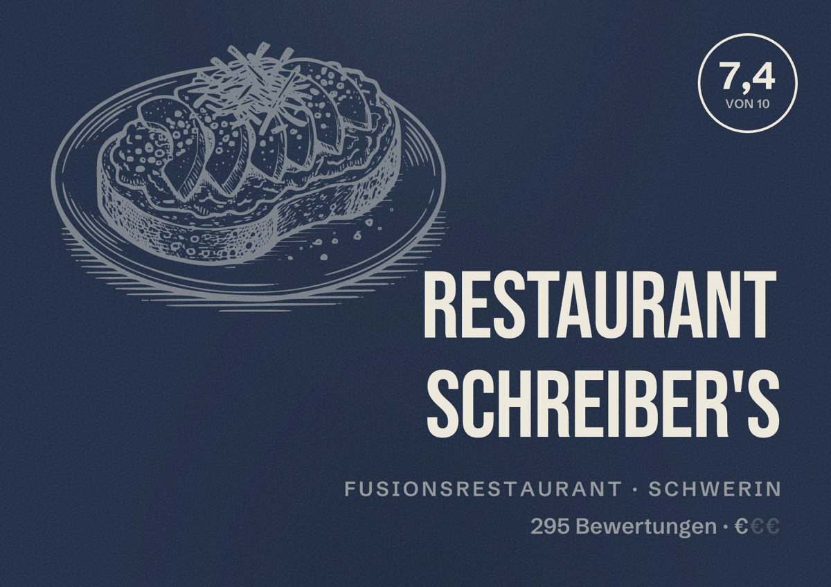 Illustriertes Poster von Restaurant Schreiber's, Fusionsrestaurant in Schwerin: Bewertung 7,4 von 10 aus 295 Bewertungen, Preisniveau €