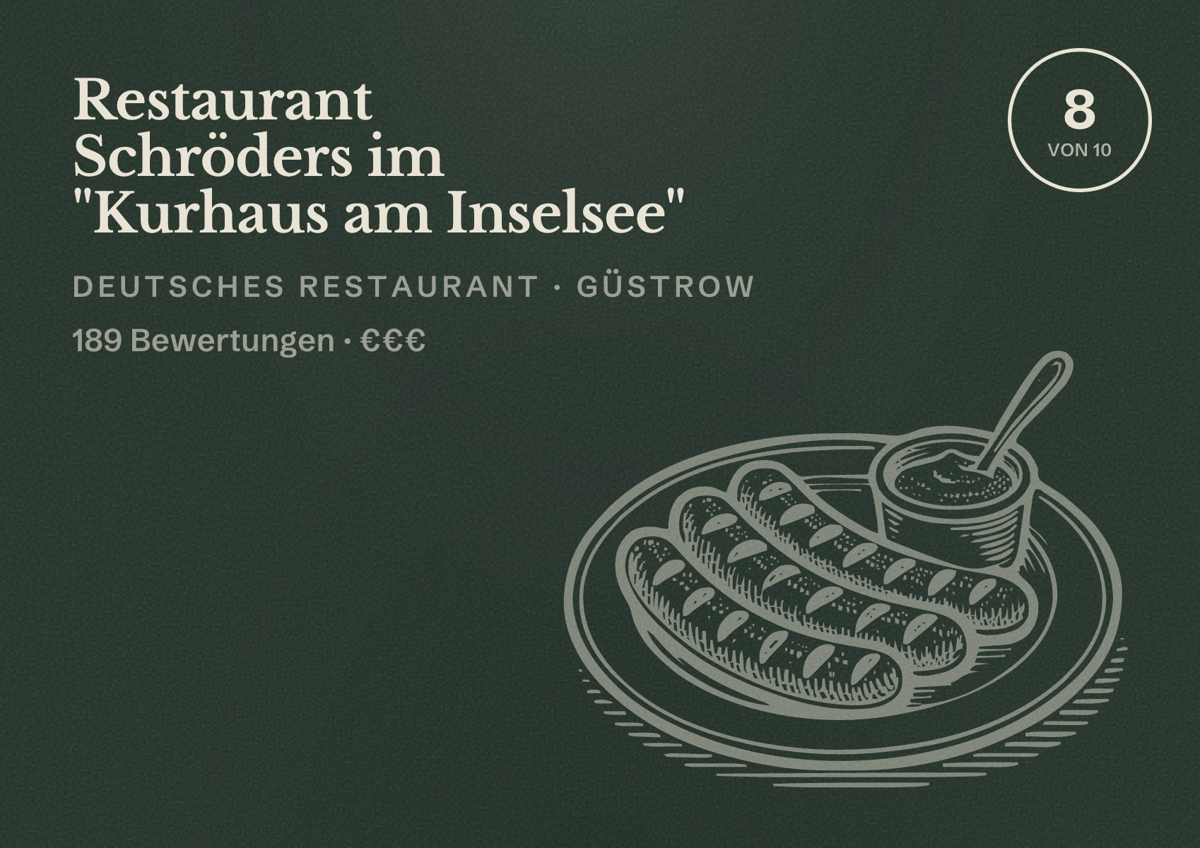 Illustriertes Poster von Restaurant Schröders im "Kurhaus am Inselsee", Deutsches Restaurant in Güstrow: Bewertung 8 von 10 aus 189 Bewertungen, Preisniveau €€€