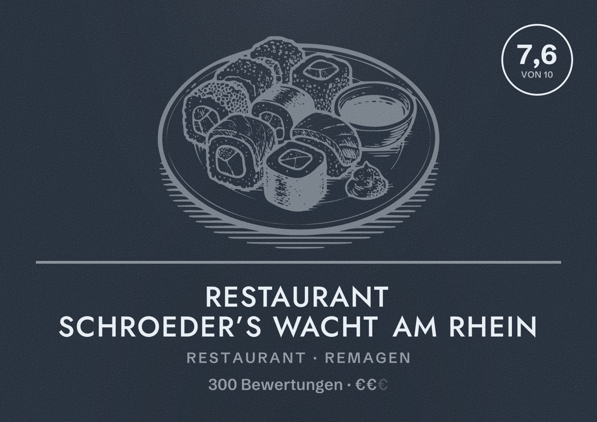 Illustriertes Poster von Restaurant Schroeder’s Wacht am Rhein, Restaurant in Remagen: Bewertung 7,6 von 10 aus 300 Bewertungen, Preisniveau €€