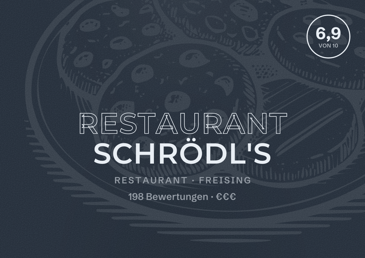 Illustriertes Poster von Restaurant Schrödl's, Restaurant in Freising: Bewertung 6,9 von 10 aus 198 Bewertungen, Preisniveau €€€