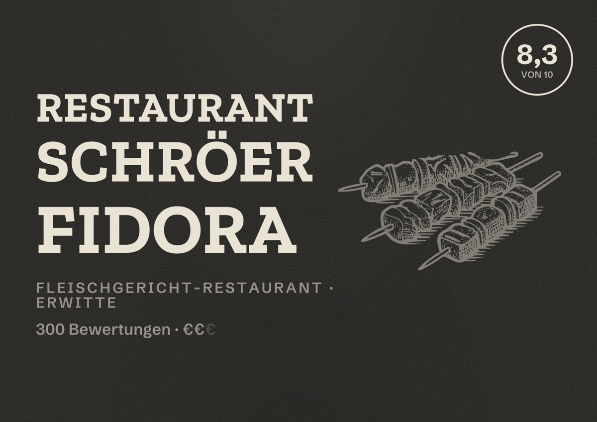 Illustriertes Poster von Restaurant Schröer Fidora, Fleischgericht-Restaurant in Erwitte: Bewertung 8,3 von 10 aus 300 Bewertungen, Preisniveau €€