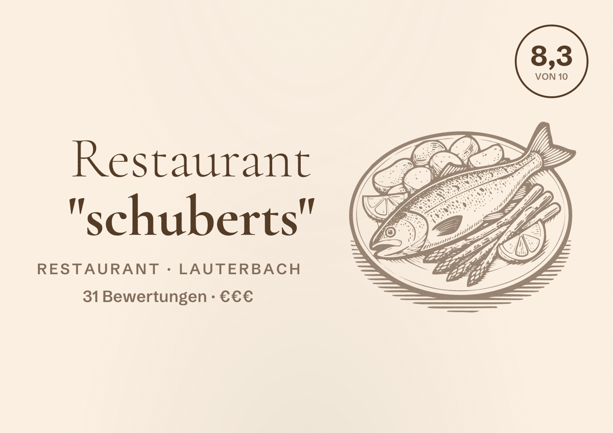 Illustriertes Poster von Restaurant "schuberts", Restaurant in Lauterbach: Bewertung 8,3 von 10 aus 31 Bewertungen, Preisniveau €€€