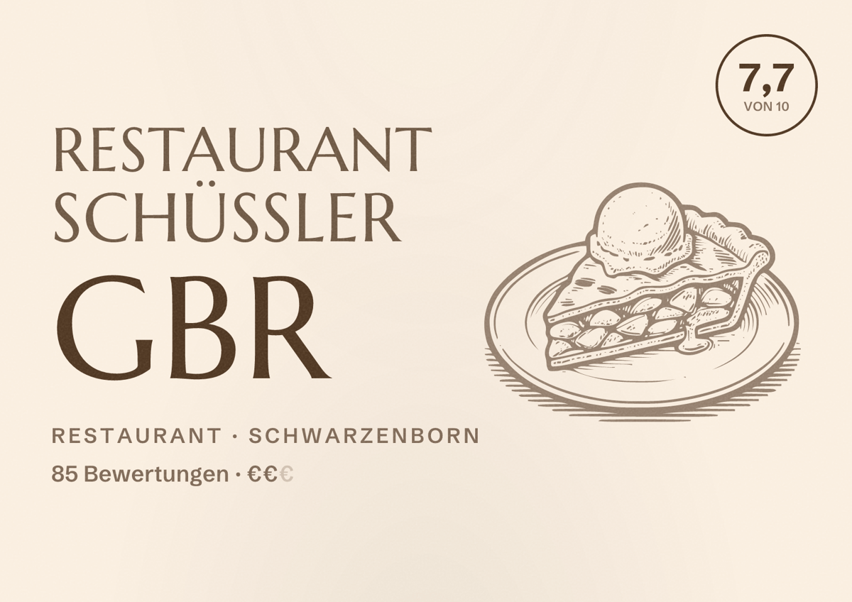 Illustriertes Poster von Restaurant Schüssler GbR, Restaurant in Schwarzenborn: Bewertung 7,7 von 10 aus 85 Bewertungen, Preisniveau €€