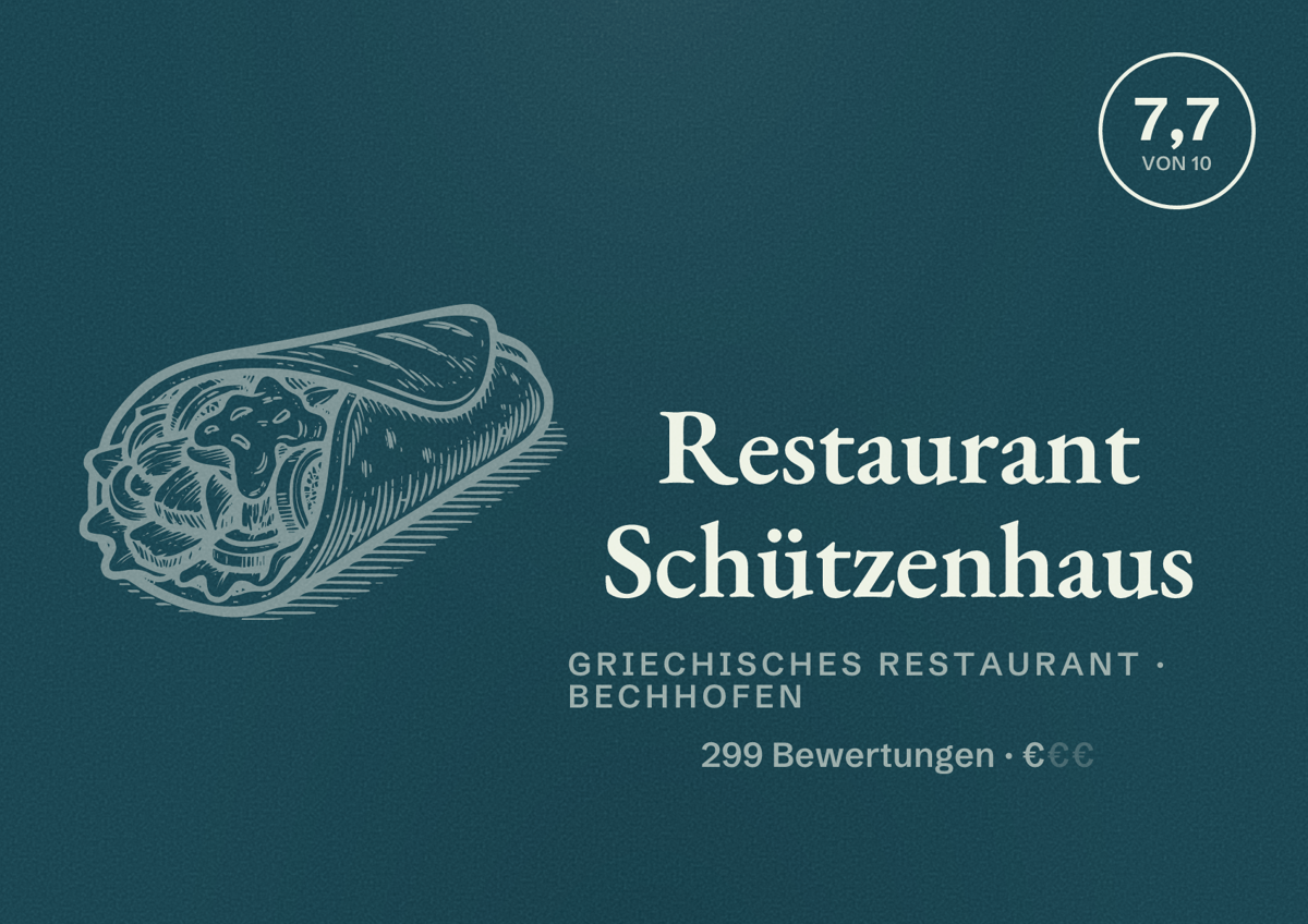 Illustriertes Poster von Restaurant Schützenhaus, Griechisches Restaurant in Bechhofen: Bewertung 7,7 von 10 aus 299 Bewertungen, Preisniveau €