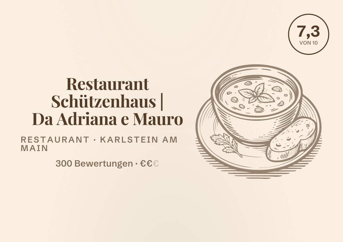 Illustriertes Poster von Restaurant Schützenhaus | Da Adriana e Mauro, Restaurant in Karlstein am Main: Bewertung 7,3 von 10 aus 300 Bewertungen, Preisniveau €€