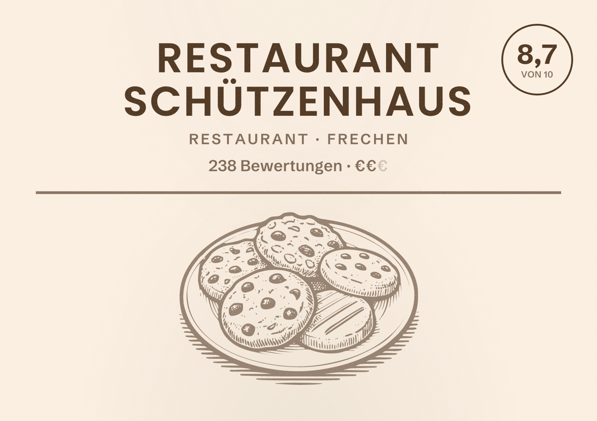 Illustriertes Poster von Restaurant Schützenhaus, Restaurant in Frechen: Bewertung 8,7 von 10 aus 238 Bewertungen, Preisniveau €€