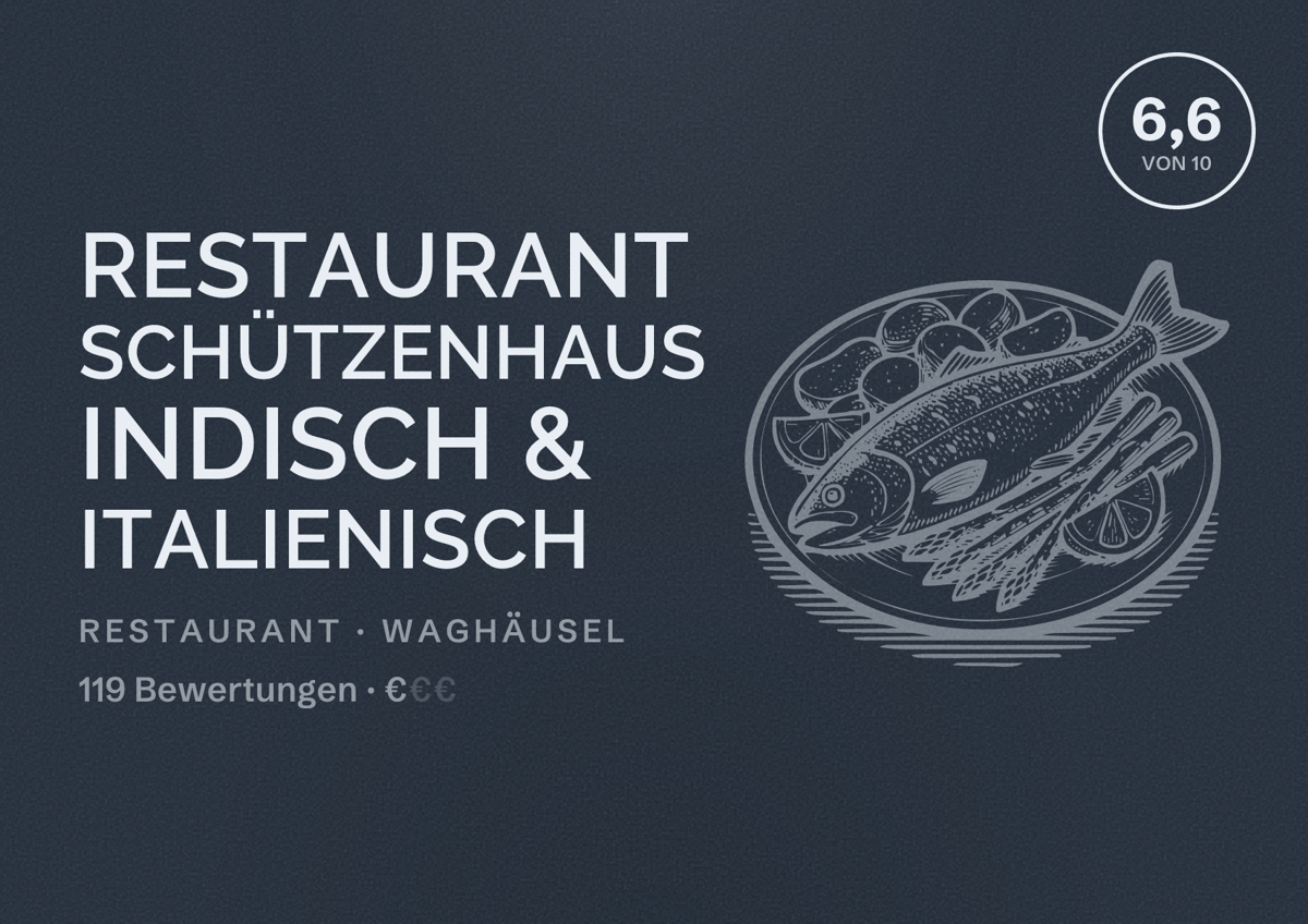 Illustriertes Poster von Restaurant Schützenhaus Indisch & Italienisch, Restaurant in Waghäusel: Bewertung 6,6 von 10 aus 119 Bewertungen, Preisniveau €