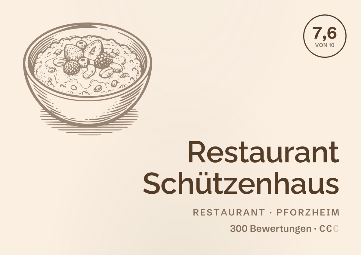 Illustriertes Poster von Restaurant Schützenhaus, Restaurant in Pforzheim: Bewertung 7,6 von 10 aus 300 Bewertungen, Preisniveau €€