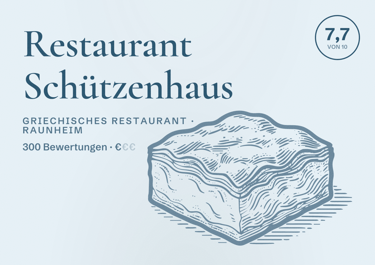 Illustriertes Poster von Restaurant Schützenhaus, Griechisches Restaurant in Raunheim: Bewertung 7,7 von 10 aus 300 Bewertungen, Preisniveau €
