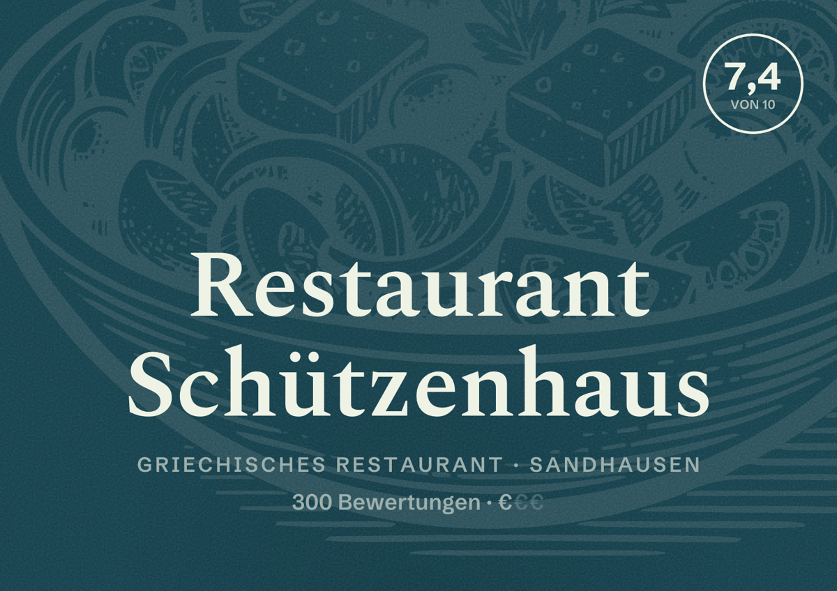 Illustriertes Poster von Restaurant Schützenhaus, Griechisches Restaurant in Sandhausen: Bewertung 7,4 von 10 aus 300 Bewertungen, Preisniveau €