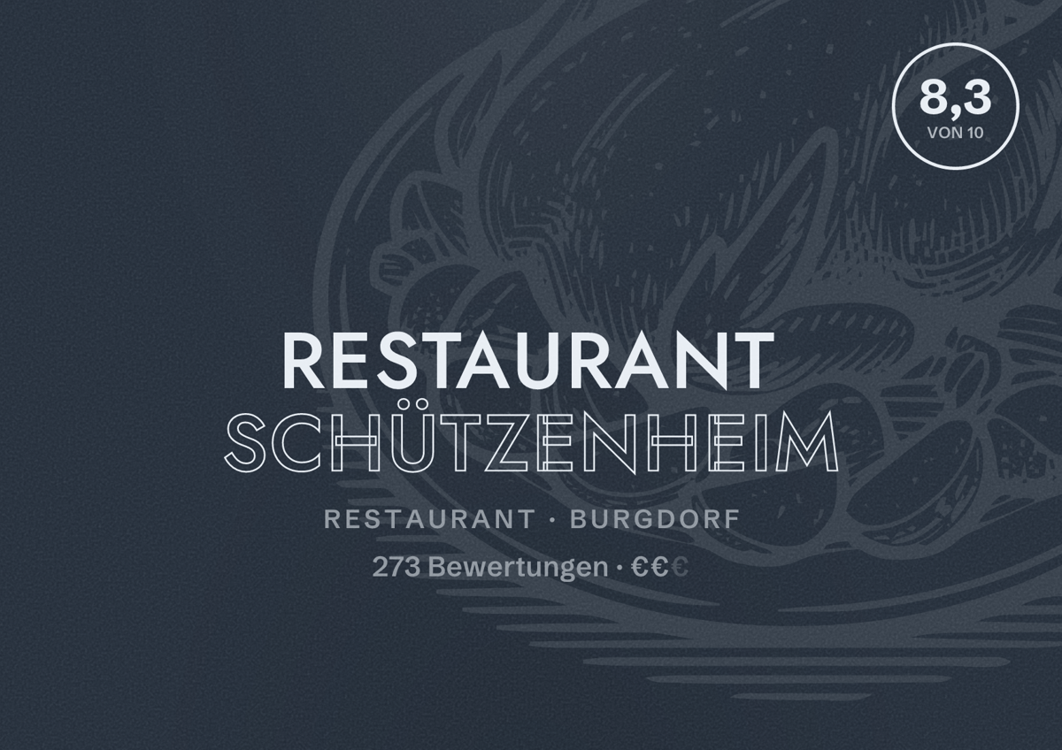 Illustriertes Poster von Restaurant Schützenheim, Restaurant in Burgdorf: Bewertung 8,3 von 10 aus 273 Bewertungen, Preisniveau €€