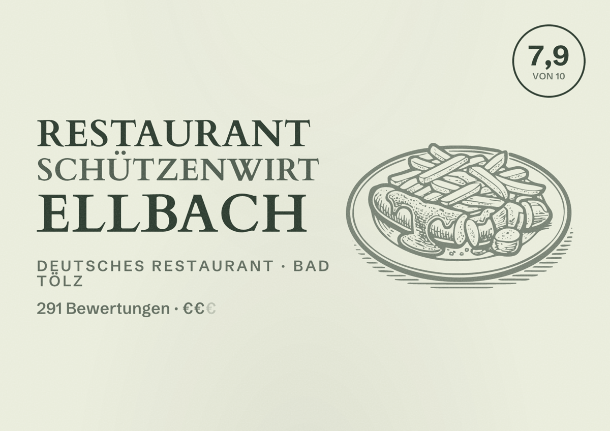 Illustriertes Poster von Restaurant Schützenwirt Ellbach, Deutsches Restaurant in Bad Tölz: Bewertung 7,9 von 10 aus 291 Bewertungen, Preisniveau €€