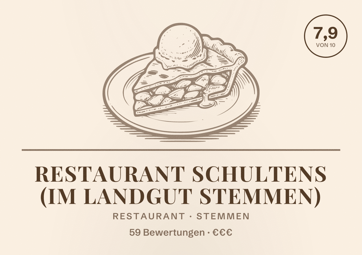 Illustriertes Poster von Restaurant Schultens (im Landgut Stemmen), Restaurant in Stemmen: Bewertung 7,9 von 10 aus 59 Bewertungen, Preisniveau €€€