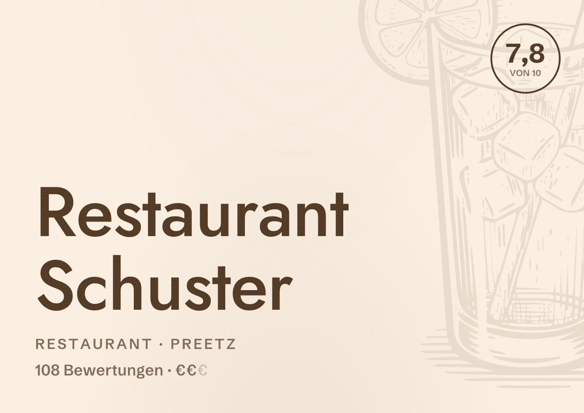 Illustriertes Poster von Restaurant Schuster, Restaurant in Preetz: Bewertung 7,8 von 10 aus 108 Bewertungen, Preisniveau €€
