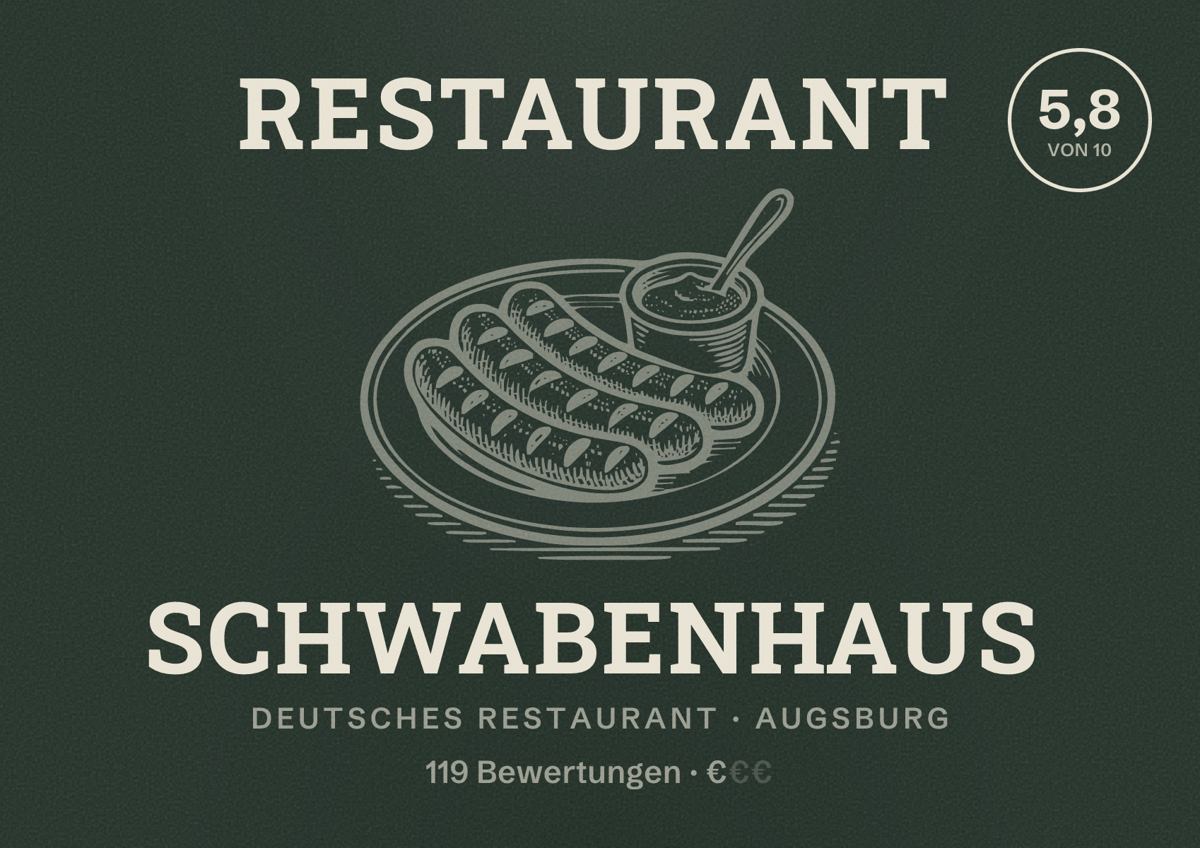 Illustriertes Poster von Restaurant Schwabenhaus, Deutsches Restaurant in Augsburg: Bewertung 5,8 von 10 aus 119 Bewertungen, Preisniveau €