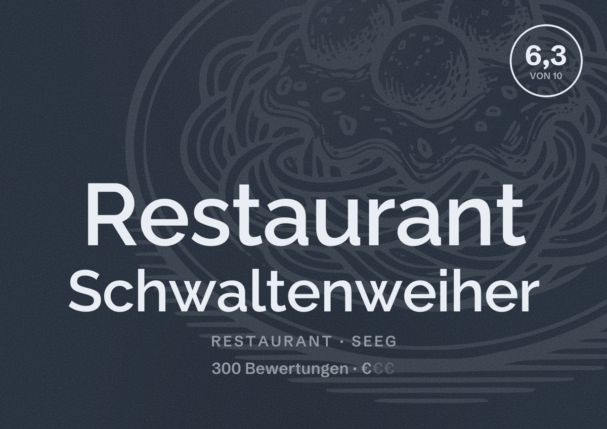 Illustriertes Poster von Restaurant Schwaltenweiher, Restaurant in Seeg: Bewertung 6,3 von 10 aus 300 Bewertungen, Preisniveau €
