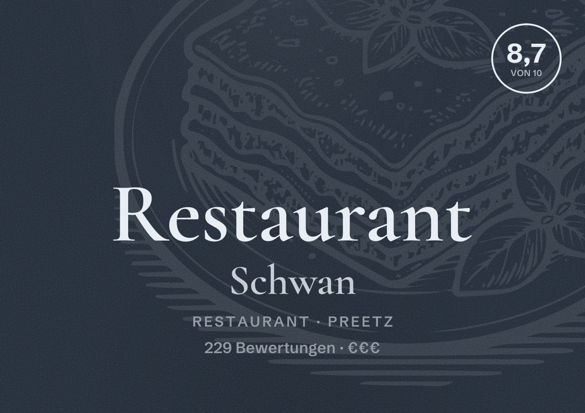Illustriertes Poster von Restaurant Schwan, Restaurant in Preetz: Bewertung 8,7 von 10 aus 229 Bewertungen, Preisniveau €€€