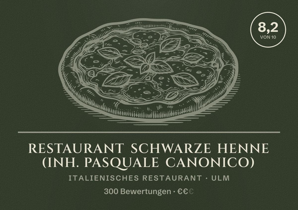 Illustriertes Poster von Restaurant Schwarze Henne (Inh. Pasquale Canonico), Italienisches Restaurant in Ulm: Bewertung 8,2 von 10 aus 300 Bewertungen, Preisniveau €€