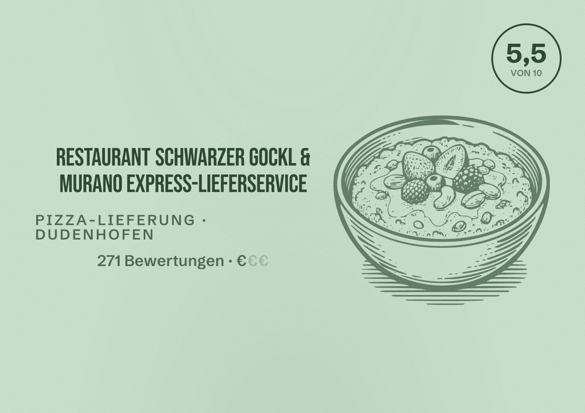 Illustriertes Poster von Restaurant Schwarzer Gockl & Murano Express-Lieferservice, Pizza-Lieferung in Dudenhofen: Bewertung 5,5 von 10 aus 271 Bewertungen, Preisniveau €