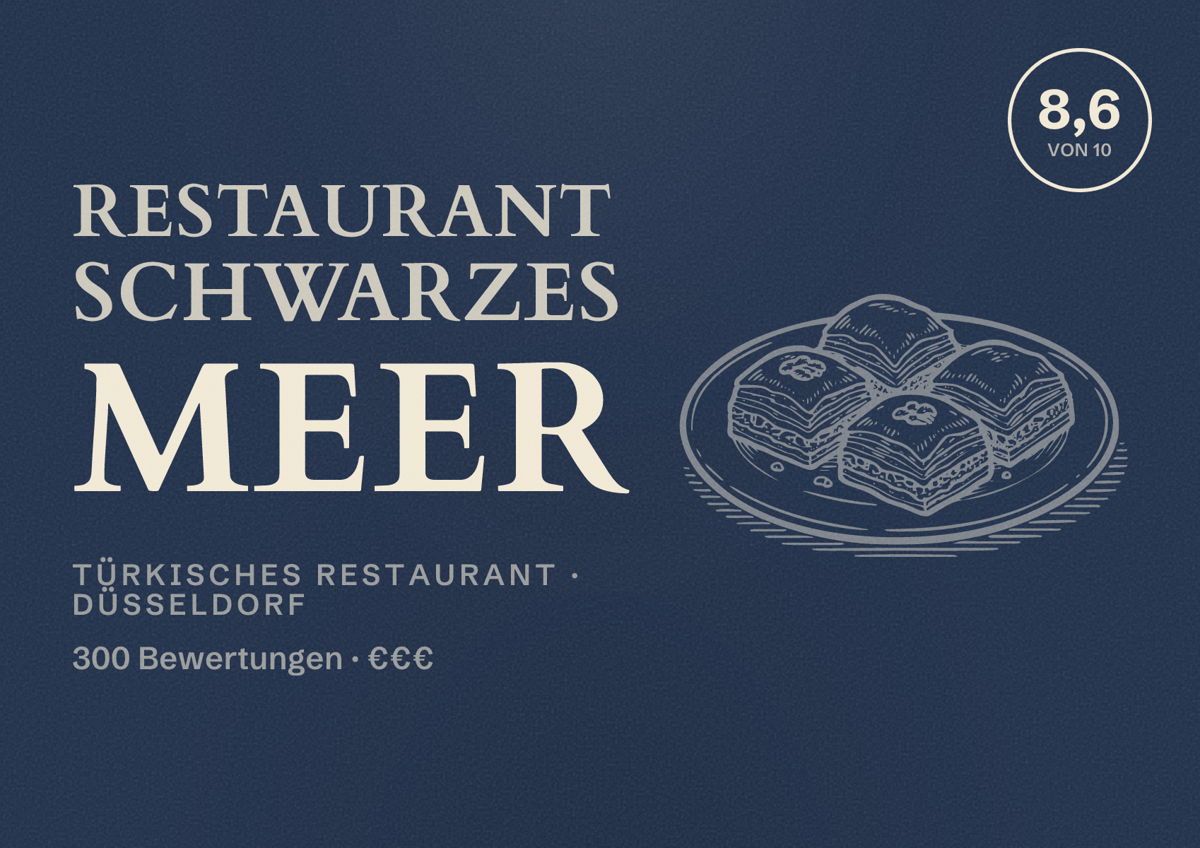 Illustriertes Poster von Restaurant Schwarzes Meer, Türkisches Restaurant in Düsseldorf: Bewertung 8,6 von 10 aus 300 Bewertungen, Preisniveau €€€