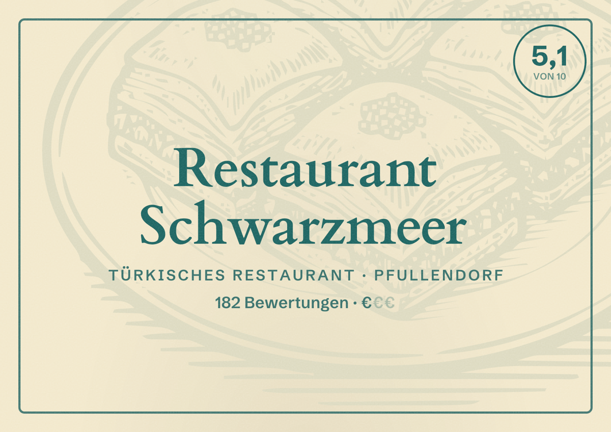 Illustriertes Poster von Restaurant Schwarzmeer, Türkisches Restaurant in Pfullendorf: Bewertung 5,1 von 10 aus 182 Bewertungen, Preisniveau €