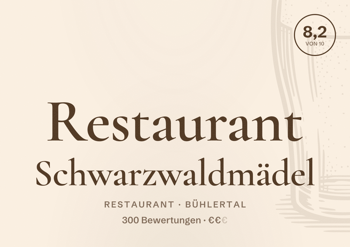 Illustriertes Poster von Restaurant Schwarzwaldmädel, Restaurant in Bühlertal: Bewertung 8,2 von 10 aus 300 Bewertungen, Preisniveau €€