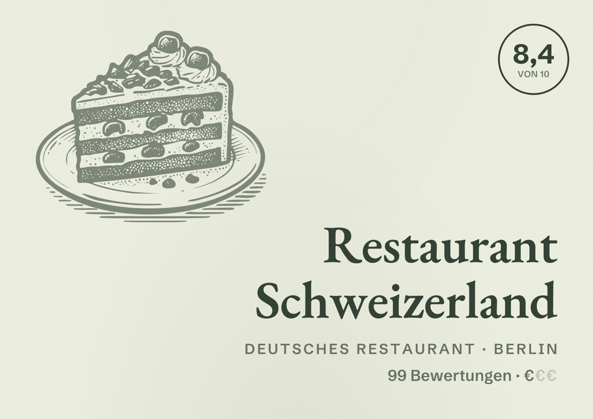 Illustriertes Poster von Restaurant Schweizerland, Deutsches Restaurant in Berlin: Bewertung 8,4 von 10 aus 99 Bewertungen, Preisniveau €