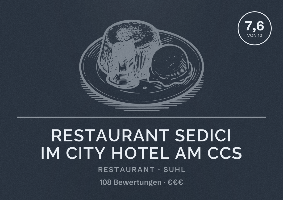 Illustriertes Poster von Restaurant Sedici im City Hotel am CCS, Restaurant in Suhl: Bewertung 7,6 von 10 aus 108 Bewertungen, Preisniveau €€€