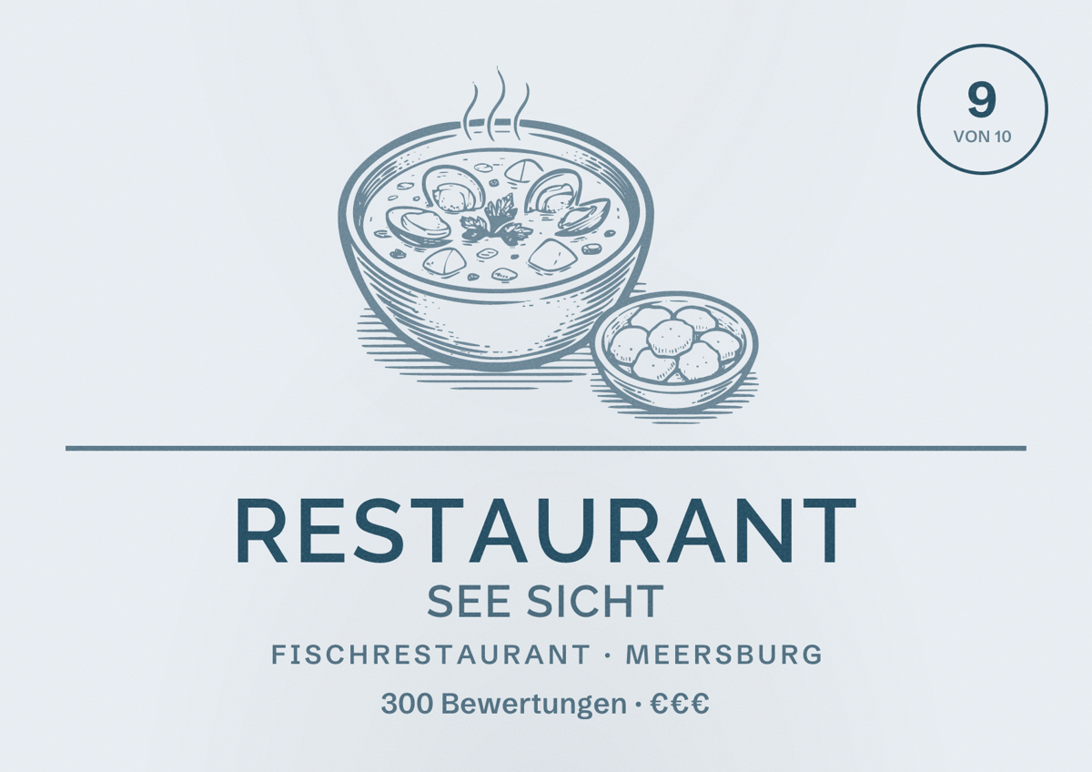 Illustriertes Poster von Restaurant See Sicht, Fischrestaurant in Meersburg: Bewertung 9 von 10 aus 300 Bewertungen, Preisniveau €€€