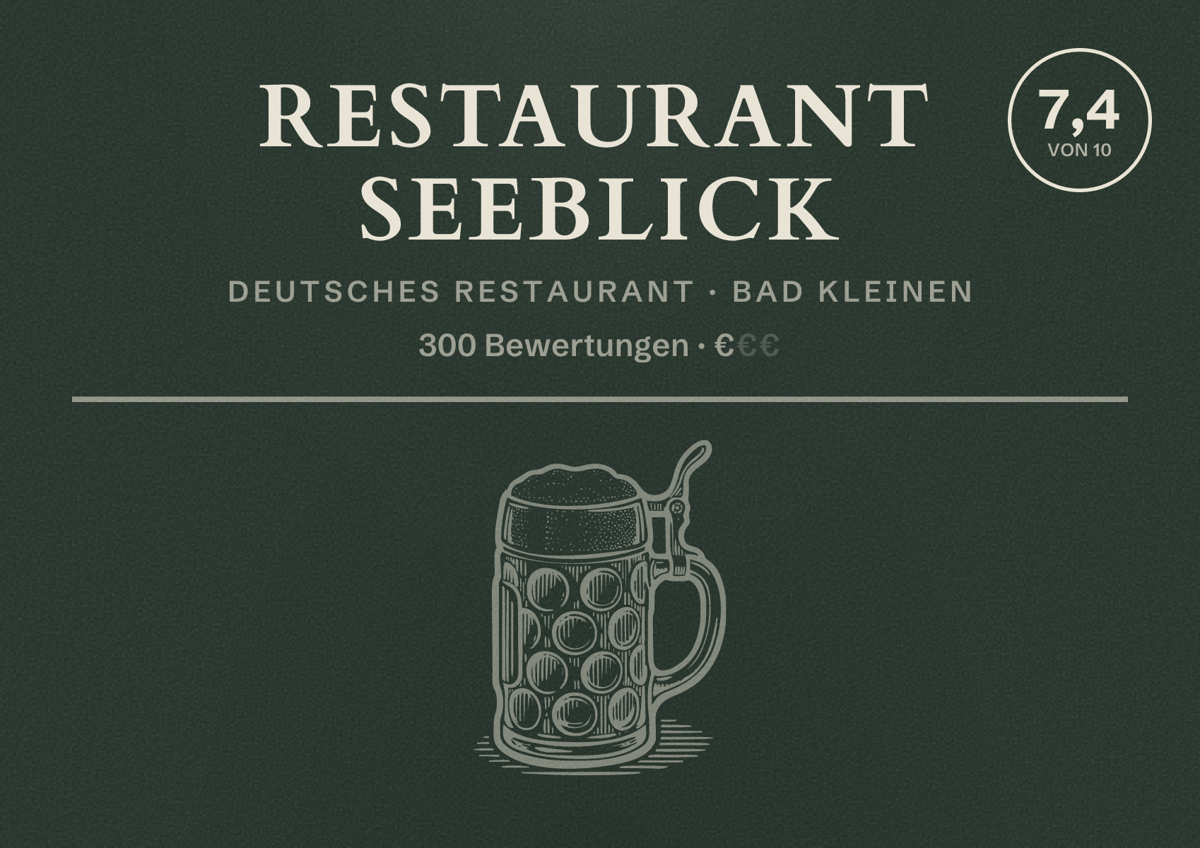 Illustriertes Poster von Restaurant Seeblick, Deutsches Restaurant in Bad Kleinen: Bewertung 7,4 von 10 aus 300 Bewertungen, Preisniveau €