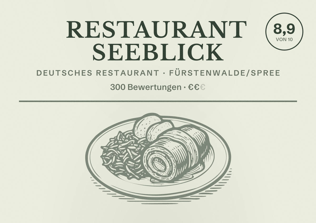 Illustriertes Poster von Restaurant Seeblick, Deutsches Restaurant in Fürstenwalde/Spree: Bewertung 8,9 von 10 aus 300 Bewertungen, Preisniveau €€