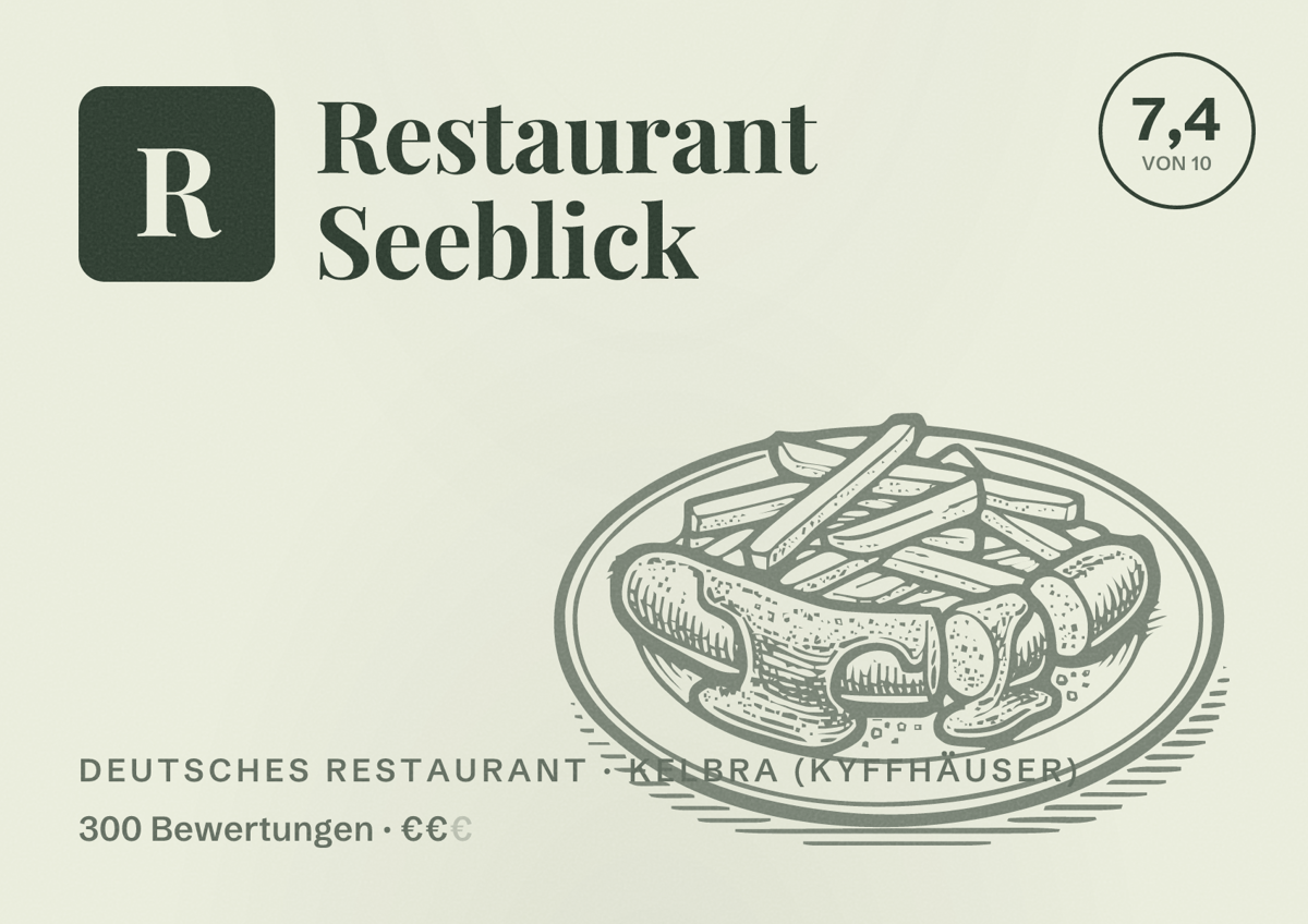 Illustriertes Poster von Restaurant Seeblick, Deutsches Restaurant in Kelbra (Kyffhäuser): Bewertung 7,4 von 10 aus 300 Bewertungen, Preisniveau €€