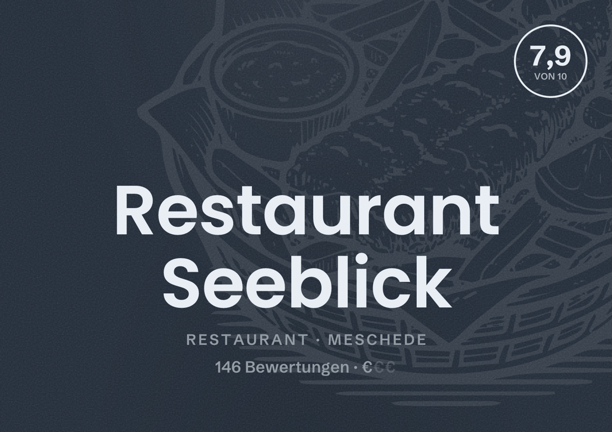 Illustriertes Poster von Restaurant Seeblick, Restaurant in Meschede: Bewertung 7,9 von 10 aus 146 Bewertungen, Preisniveau €