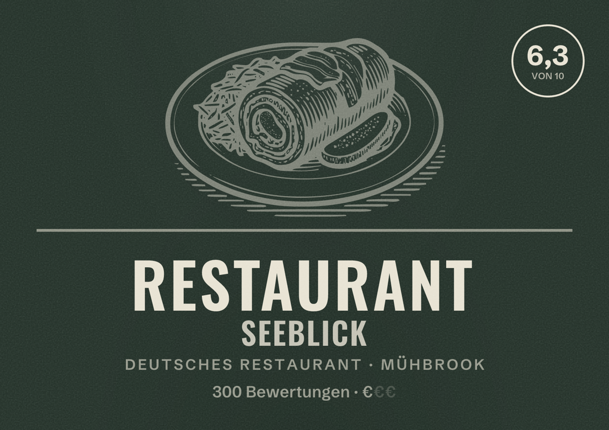Illustriertes Poster von Restaurant Seeblick, Deutsches Restaurant in Mühbrook: Bewertung 6,3 von 10 aus 300 Bewertungen, Preisniveau €
