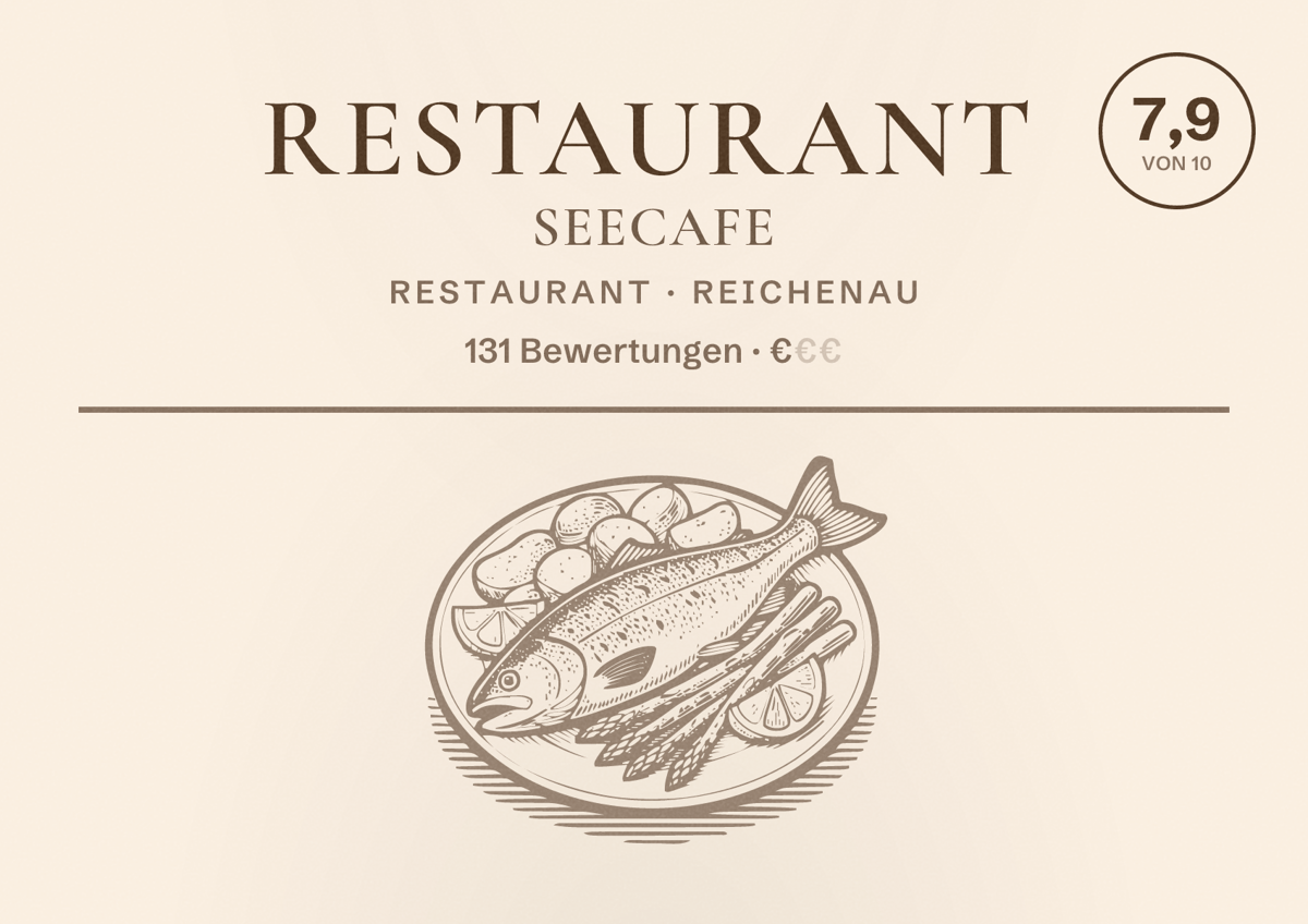 Illustriertes Poster von Restaurant Seecafe, Restaurant in Reichenau: Bewertung 7,9 von 10 aus 131 Bewertungen, Preisniveau €