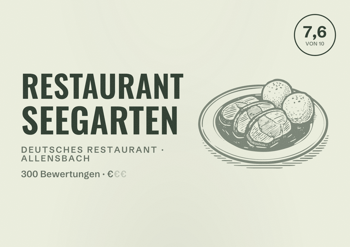Illustriertes Poster von Restaurant Seegarten, Deutsches Restaurant in Allensbach: Bewertung 7,6 von 10 aus 300 Bewertungen, Preisniveau €