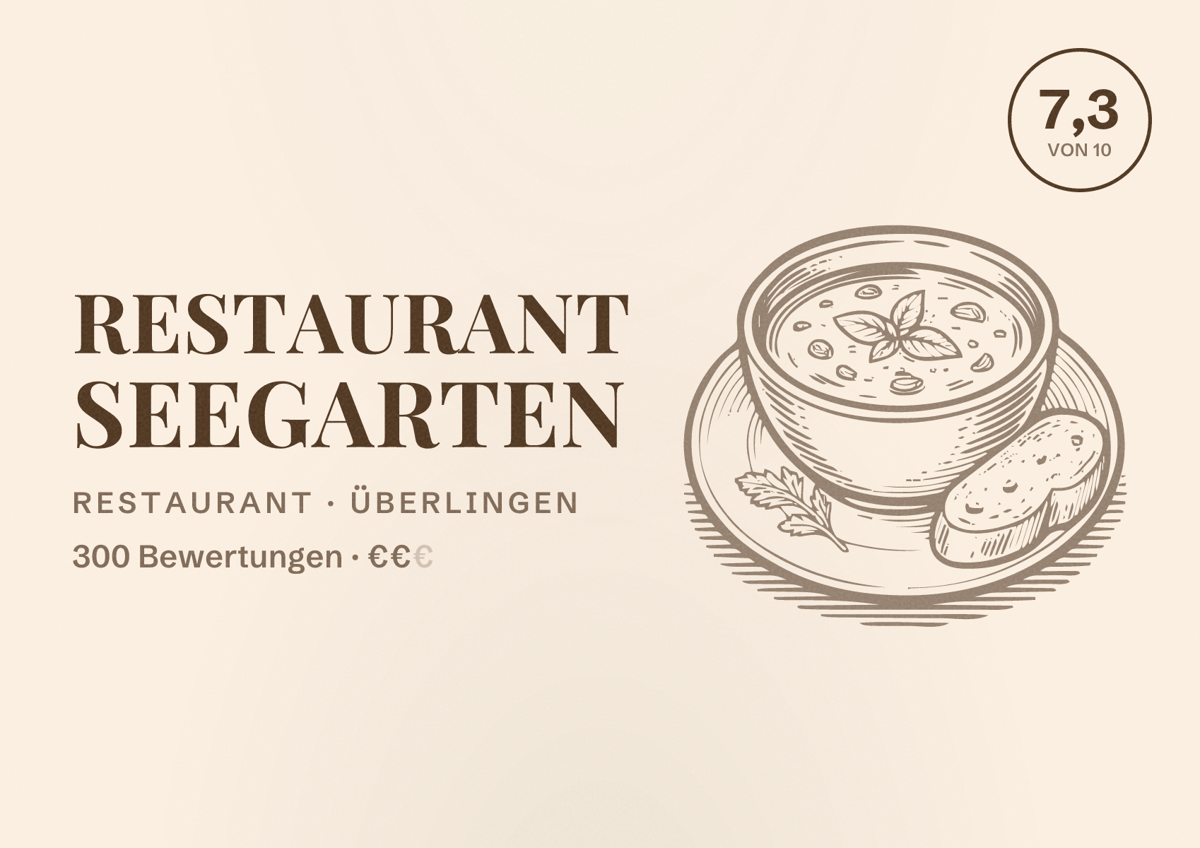 Illustriertes Poster von Restaurant Seegarten, Restaurant in Überlingen: Bewertung 7,3 von 10 aus 300 Bewertungen, Preisniveau €€