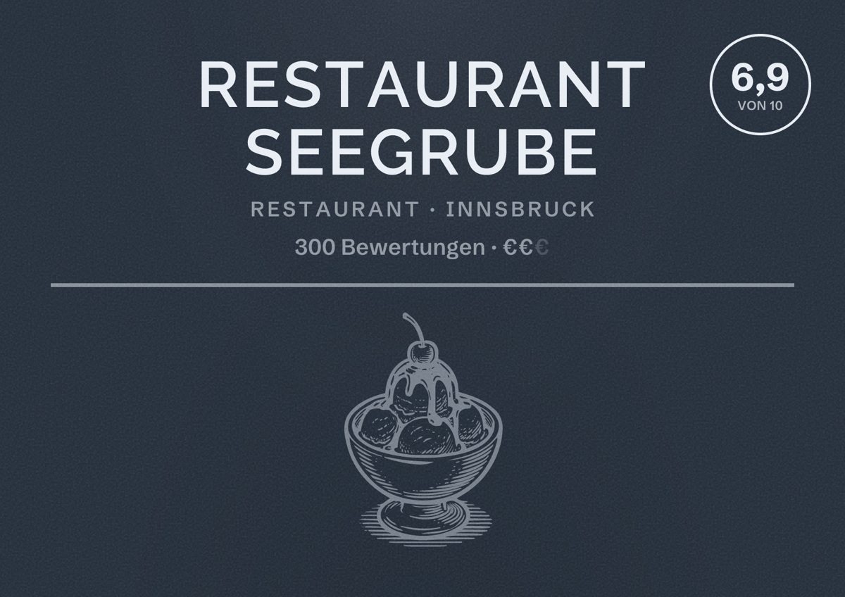 Illustriertes Poster von Restaurant Seegrube, Restaurant in Innsbruck: Bewertung 6,9 von 10 aus 300 Bewertungen, Preisniveau €€