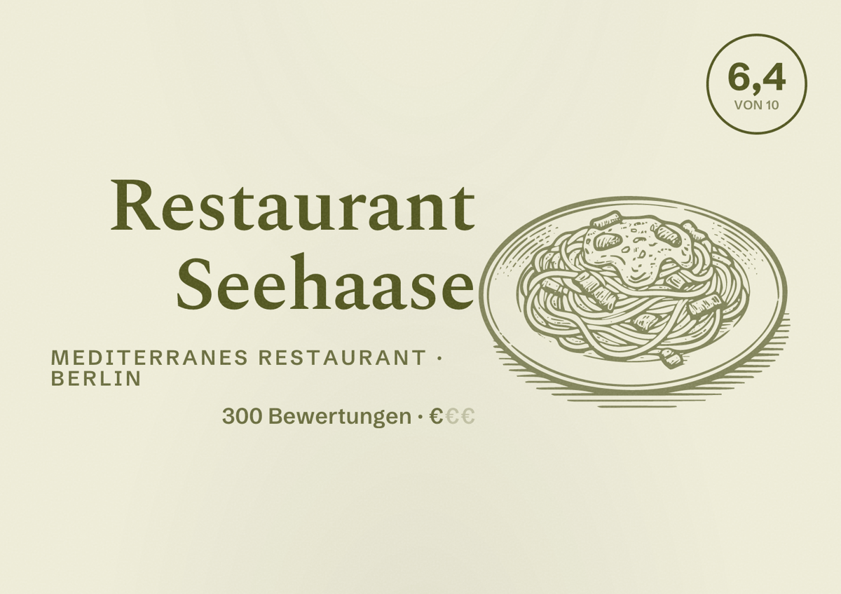 Illustriertes Poster von Restaurant Seehaase, Mediterranes Restaurant in Berlin: Bewertung 6,4 von 10 aus 300 Bewertungen, Preisniveau €