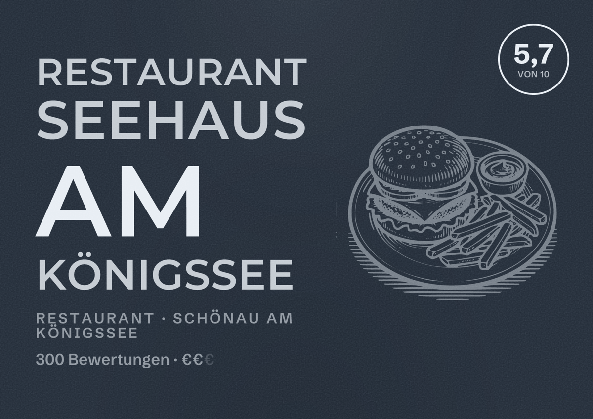 Illustriertes Poster von Restaurant Seehaus am Königssee, Restaurant in Schönau am Königssee: Bewertung 5,7 von 10 aus 300 Bewertungen, Preisniveau €€
