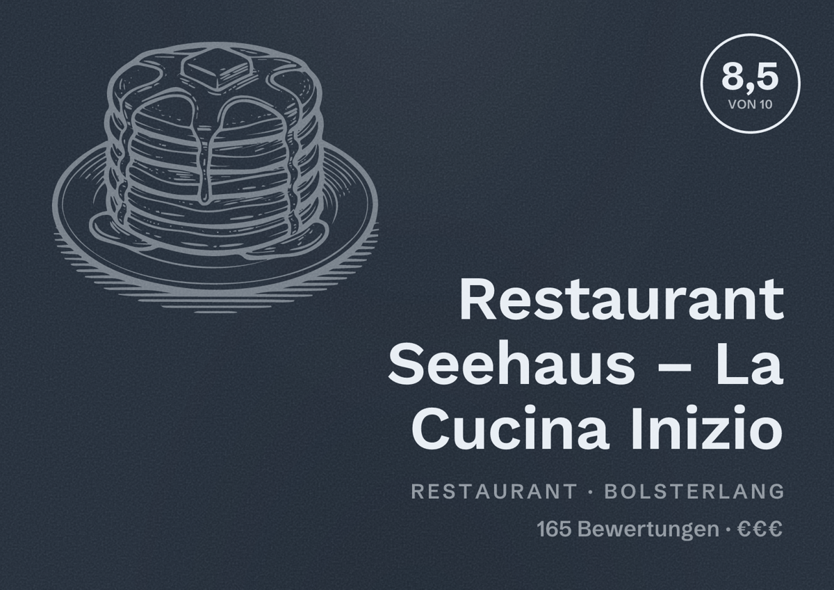 Illustriertes Poster von Restaurant Seehaus – La Cucina Inizio, Restaurant in Bolsterlang: Bewertung 8,5 von 10 aus 165 Bewertungen, Preisniveau €€€