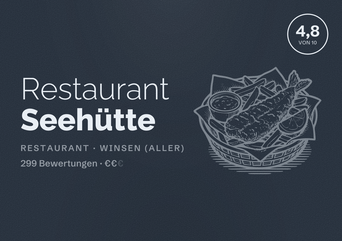 Illustriertes Poster von Restaurant Seehütte, Restaurant in Winsen (Aller): Bewertung 4,8 von 10 aus 299 Bewertungen, Preisniveau €€