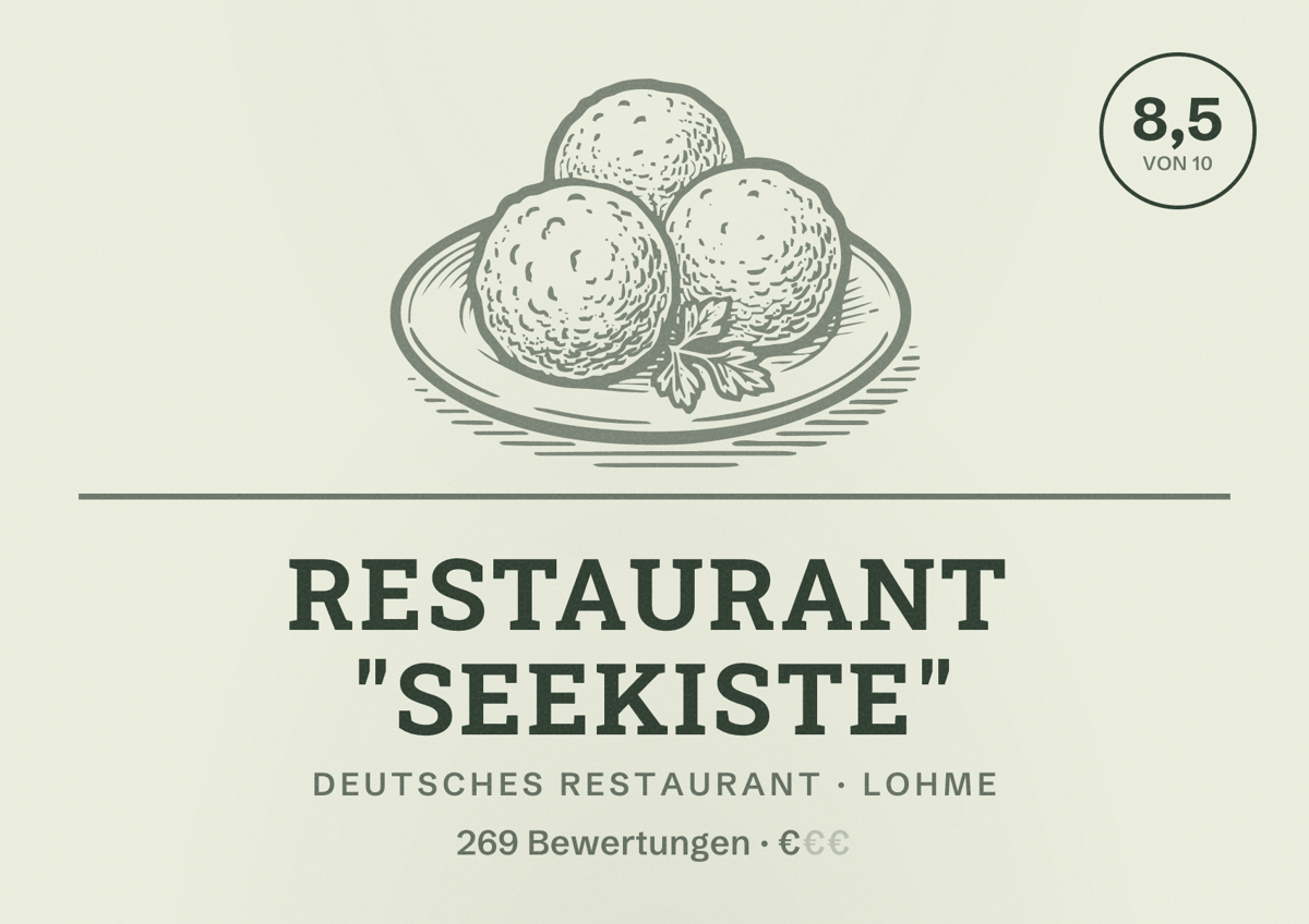 Illustriertes Poster von Restaurant "Seekiste", Deutsches Restaurant in Lohme: Bewertung 8,5 von 10 aus 269 Bewertungen, Preisniveau €