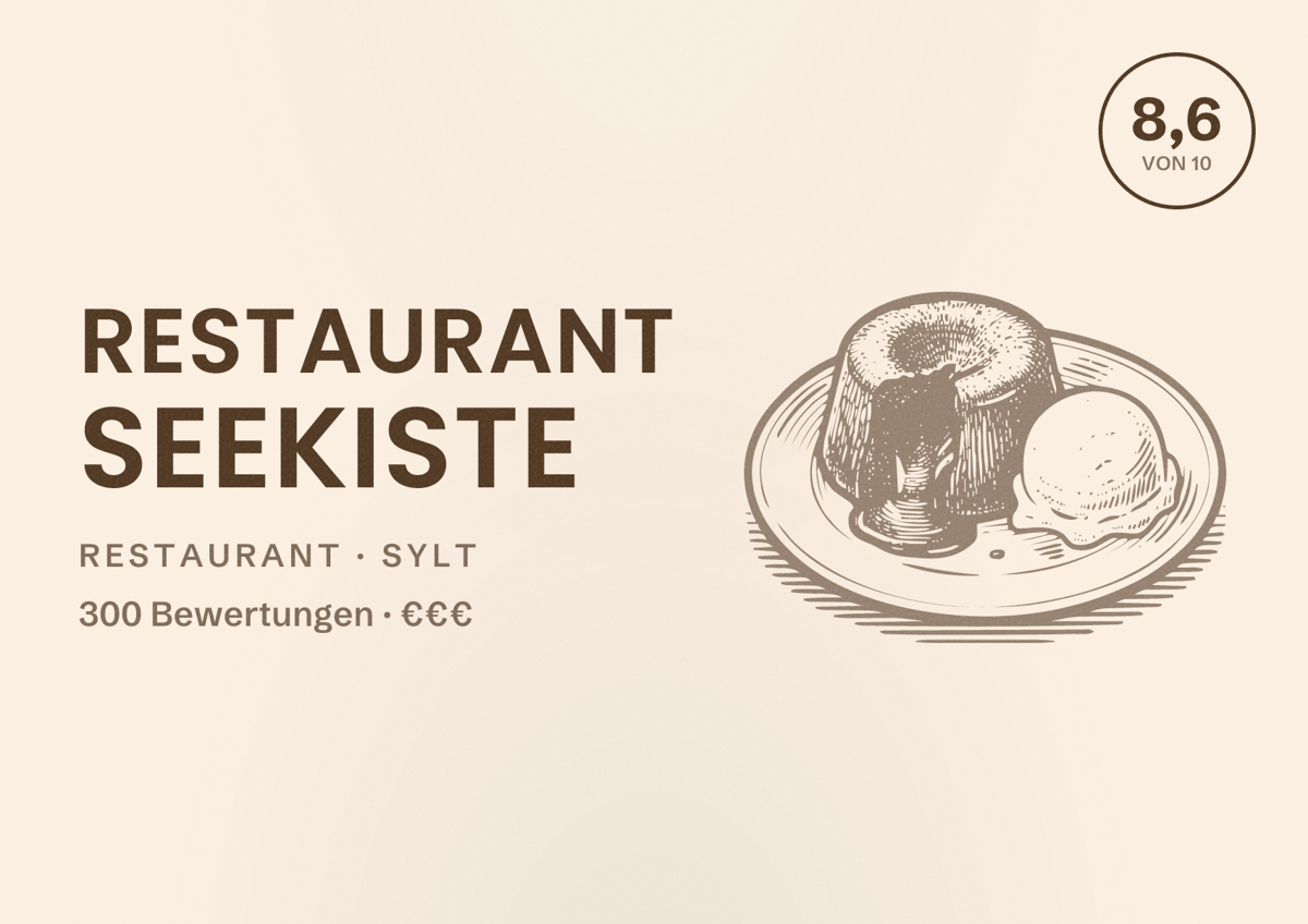 Illustriertes Poster von Restaurant Seekiste, Restaurant in Sylt: Bewertung 8,6 von 10 aus 300 Bewertungen, Preisniveau €€€