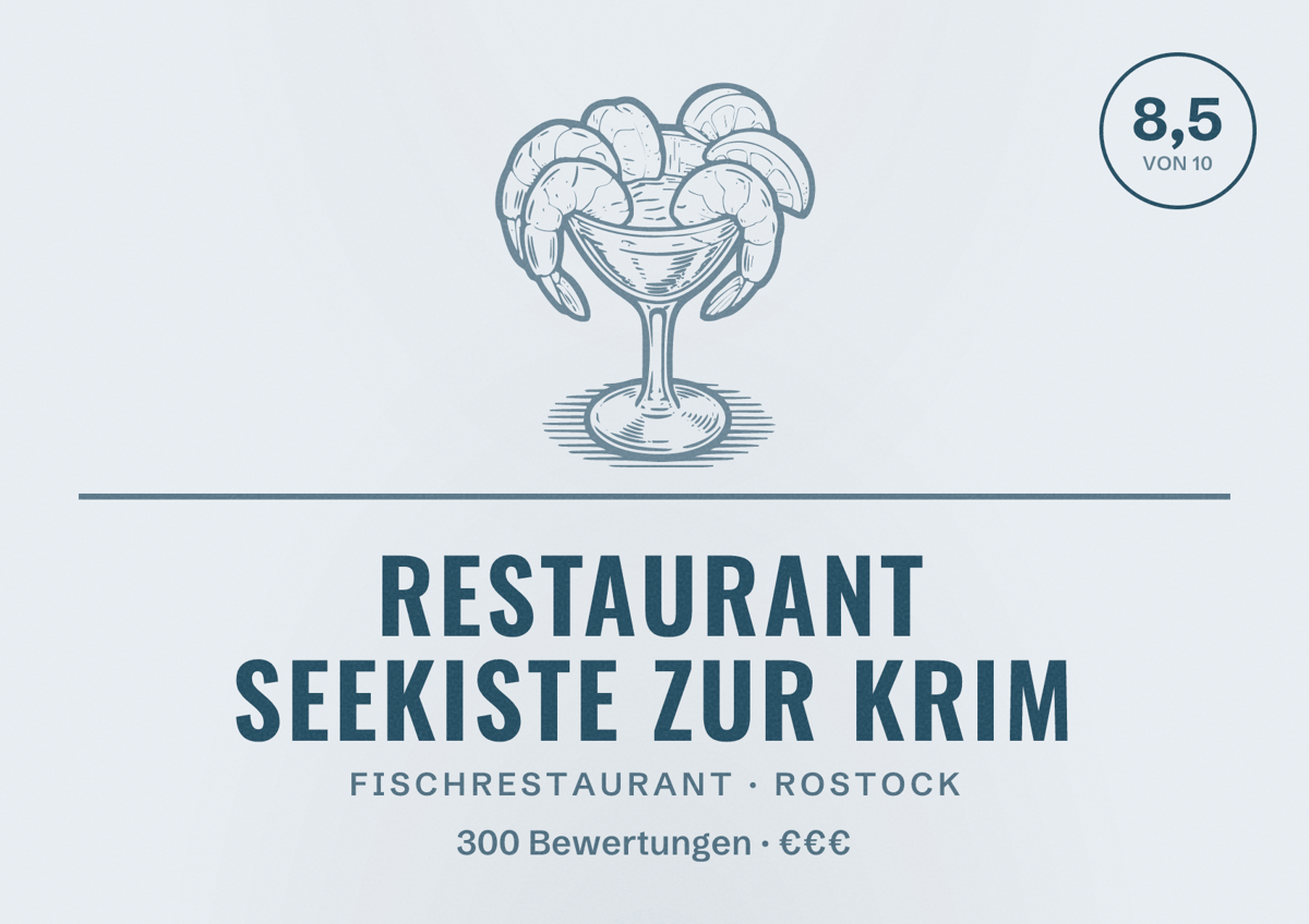 Illustriertes Poster von Restaurant Seekiste zur Krim, Fischrestaurant in Rostock: Bewertung 8,5 von 10 aus 300 Bewertungen, Preisniveau €€€