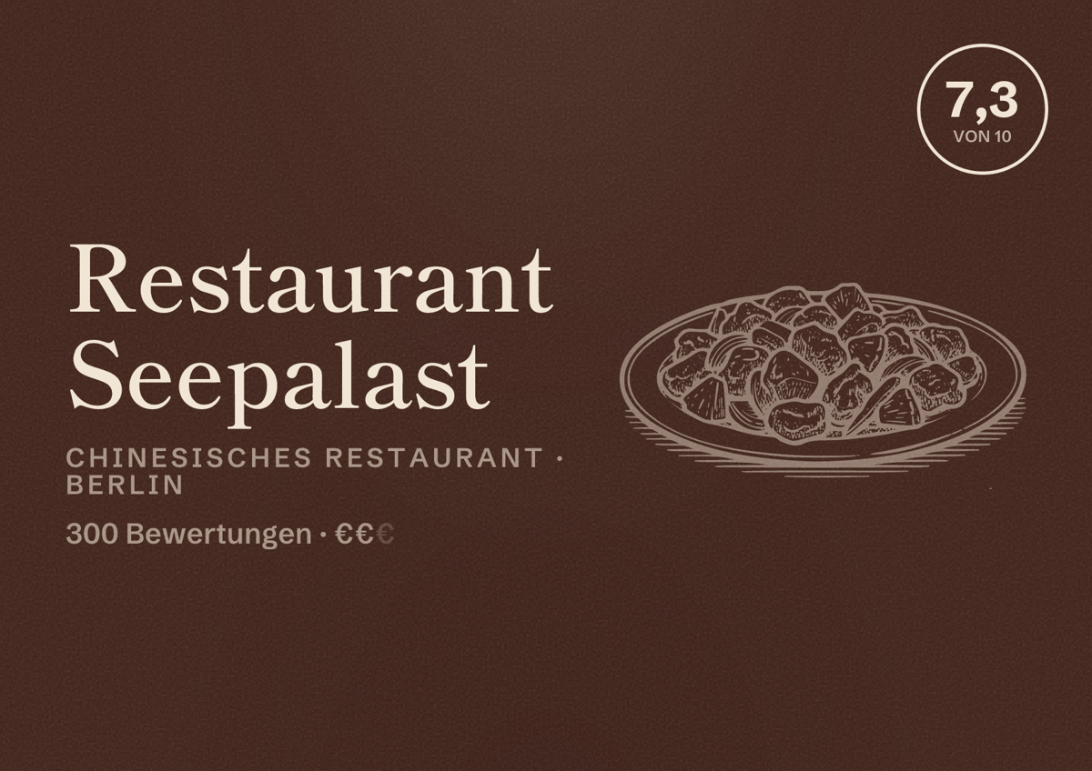 Illustriertes Poster von Restaurant Seepalast, Chinesisches Restaurant in Berlin: Bewertung 7,3 von 10 aus 300 Bewertungen, Preisniveau €€